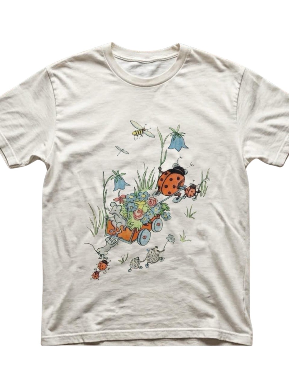 Gildan Cream Short-Sleeve Tee with Ladybug Wagon Print, Gift For Her, For Him